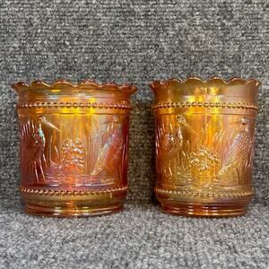 Set of 2 LG Wright Marigold Carnival Glass Stork Rushes 4" Spooner Sugar Vase